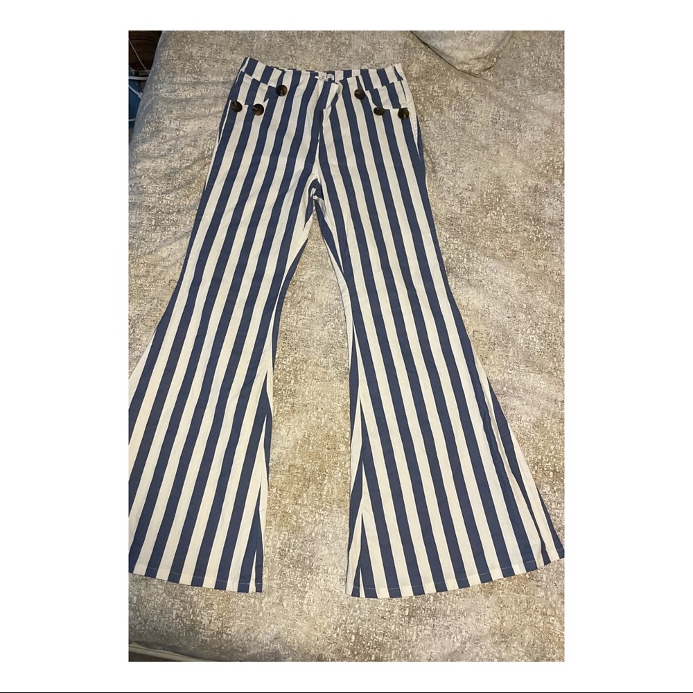 Blue and White Striped Flared Pants